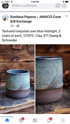 an instagram page with two photos of blue and brown pottery on it, one is showing the same color