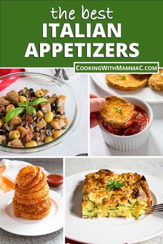 The Best Italian Appetizers collection by Cooking with Mamma C. Eggplant caponata in a bowl, breaded eggplant dipped in marinara sauce, stack of onion rings, piece of zucchini bake in a dish. Crab Appetizer, Healthy Italian Recipes, Roasted Cherry, Roasted Cherry Tomatoes