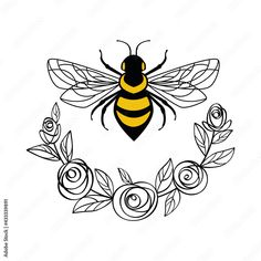 a black and yellow bee sitting on top of a flower wreath with leaves around it