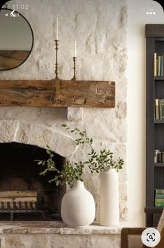 a white vase with some plants in it next to a fireplace