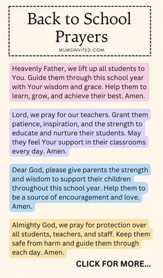 the back to school prayer is shown with text in different colors and font on it