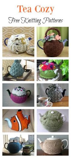 there are many knitted tea cosys in this collage with the words, free knitting patterns