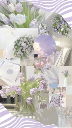 a collage of photos with flowers in vases and other things on the table