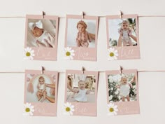 four photos hanging from clothes pins with the names of babies on them and daisies