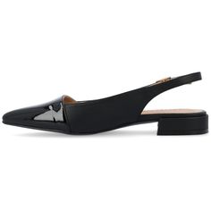 The Bertie low-block heel flats from Journee Collection will be the perfect shoe to take you from the office to a nice evening out to dinner. Their luxe vegan patent leather padded footbed sling back strap buckled ankle strap two-tone design and pointed toe will give you that classy yet casual look to compliment your outfit. To keep it simple their pull-on closure will make them easy to slip on and off as you rush to your next event. Slingback Flats, Low Block Heels, Pointed Toe Flats, Sling Back, Journee Collection, Perfect Shoes, Black 7, Toe Designs, Keep It Simple