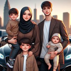 the family is posing for a photo in front of a car with cityscape behind them