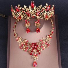 Baroque Vintage Gold Red Crystal and Rhinestone Tiara Red Crystal Jewelry, Red Jewelry Set, Crystal Bridal Jewelry Sets, Tiaras Jewellery, Crystal Bridal Tiaras, Gold Tiara, Rhinestone Tiara, Rhinestone Crown, Red Jewelry