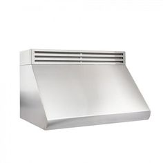 a stainless steel range hood on an isolated white background