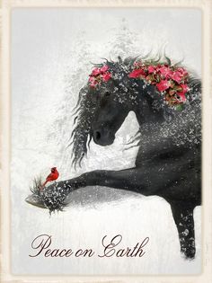 a black horse with flowers on its head and the words peace on earth above it