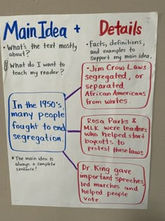 a white paper with red and blue writing on it that says main idea plus details