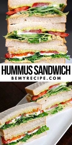 two sandwiches stacked on top of each other with the words hummus sandwich below them