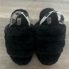 Has Wear But Still Looks Brand New Black Casual Slippers With Cushioned Footbed, Black Cushioned Slippers For Winter, Comfy Black Slippers With Textured Footbed, Black Comfy Slippers With Textured Footbed, Black Casual Slippers For Streetwear, Black Flat Winter Slippers, Black Flat Slippers For Winter, Black Round Toe Slippers For Fall, Comfortable Black Slippers For Streetwear