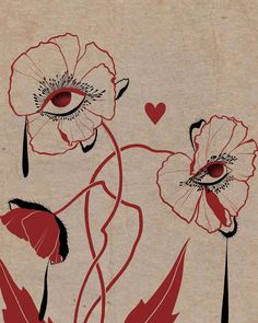 two red flowers on a beige background with hearts in the middle and one flower has an eye