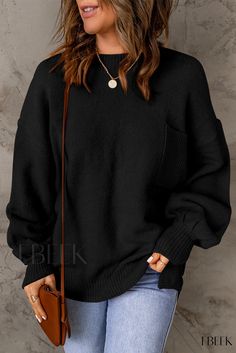 Ebeek - Women's Pocketed Puffy Sweater in Black Puffy Sweater, Black Solid Color, Pocket Sweater, Sleeve Pattern, Color Fabric, Black Solid, Full Sleeve, Solid Color, Crew Neck