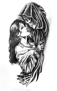 a black and white drawing of a woman holding a man's head in her arms