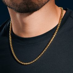 * Surgical-grade stainless steel
 * Secure lobster-claw clasp
 * Fade- and flake-free titanium nitride coating Yellow Gold Stainless Steel Box Chain Necklace, Wooden Jewelry Stand, Steel Necklace, Jewelry Stand, Box Chain, Wooden Jewelry, Necklace Sizes, Men Necklace, Necklace Lengths