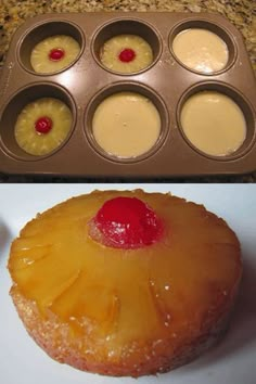 a pineapple and cupcake in a muffin tin