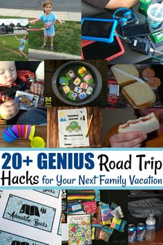 a collage of photos with the words genius road trip hacks for your next family vacation