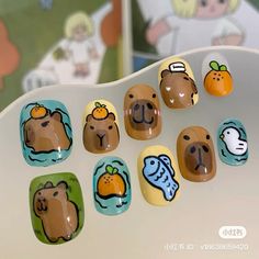 Capybara Nails, Doodle Nails, Short Squoval, Nail Noel, Animal Nail Designs, Disney Acrylic Nails, Nail Short, Kids Nail Designs, Cute Painting