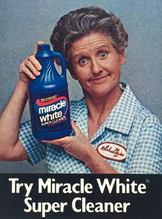 an old woman holding up a bottle of wrinkle white super cleaner with the caption, try wrinkle whine