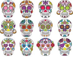 a set of six sugar skulls with different colors and designs on them, each decorated with flowers