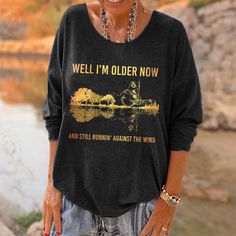 Oversized Well I'm Older Now And Still Runnin' Against The Wind Printed Hippie Long Sleeves T-shirt Boho Clothes For Older Women, Hippie T Shirts, Hippie Shirt, Cheap Clothes, Womens Fashion Casual, The Wind, T Shirt Top, Shirt Outfit, Long Sleeve T Shirt