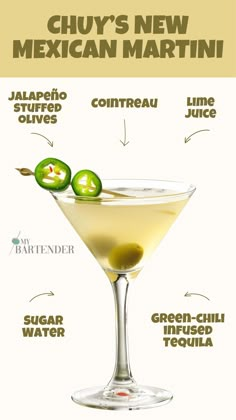 a martini with ingredients labeled in the top and bottom half, including an olive on the side