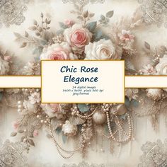 an ornate background with roses, pearls and beads on the border is featured in this image