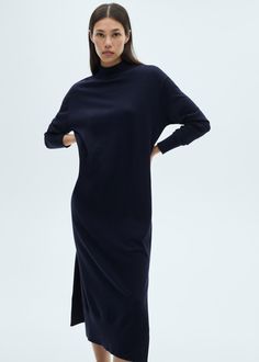 Round-neck knitted dress - Women | MANGO USA Jumper Dress Outfit, Navy Jumper, Jumper Style, Winter Capsule, Winter Capsule Wardrobe, Womens Knit Dresses, Knitted Dress, Clothing Care, Fashion Editor