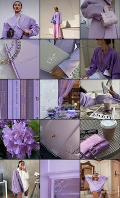 a collage of photos with purple outfits and accessories