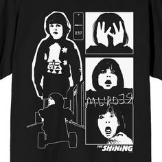 Scare up some style with this Shining tee. The shirt features an illustration of Danny standing next to three panels with images of the character with different facial expressions. The tee comes in a black short sleeve crew neck. The Shining fans will love this comfy cotton t-shirt. Heres Johnny The Shining, The Shining Silhouette, The Shining Film, The Shining Vintage Poster, The Shining Merch, Cheap Black Horror T-shirt, Sleeve Packaging, The Shining, Black Tshirt