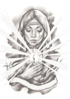 a pencil drawing of a woman holding her hands with light coming from her chest and the word