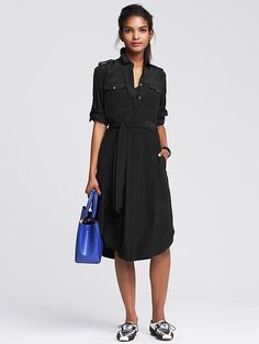 Silk Long Shirtdress | Banana Republic Work Dresses, Black Midi, Roll Up Sleeves, Shirtdress, Work Attire, Silk Shirt, Dress 100, Black Silk, Roll Up