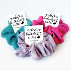 "You've worked hard and bonded with your team. The season is ending and you're looking for the perfect parting gift to celebrate a great season! Give the perfect gift to cap off the year. Your team mates will love this useful and unique gift!  Each scrunchie includes the following: - (1) Favor Tag - (1) Hair Scrunchie (silky velvet material - standard size, will wrap around hair 2-3 times) :: QUANTITY :: Choose your desired quantity in the 'Pack of... (Scrunchie with Tag)' drop down menu. *Be su Charleston Bachelorette Party Favors, Scrunchie Favors, Cheer Squad Gifts, Cheer Coach Gifts, Cheer Team Gifts, Cheerleading Gifts, Custom Party Favors, Scrunchie Hair, Custom Favor