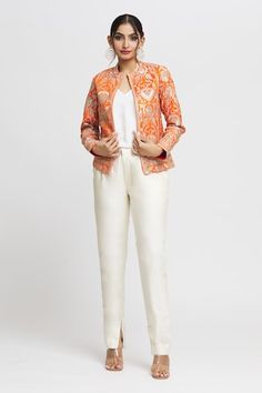 Orange full sleeve blazer with resham embroidery in floral pattern and mandarin collared neckline. - Aza Fashions Luxury Floral Print Nehru Jacket For Festive Occasion, Embroidered Long Sleeve Bandhgala For Work, Elegant Nehru Jacket For Designer Wear In Spring, Elegant Designer Wear Nehru Jacket For Spring, Elegant Designer Nehru Jacket For Spring, Elegant Spring Designer Nehru Jacket, Spring Bandhgala With Chikankari Embroidery And Long Sleeves, Spring Long Sleeve Bandhgala With Chikankari Embroidery, Spring Formal Bandhgala With Resham Embroidery