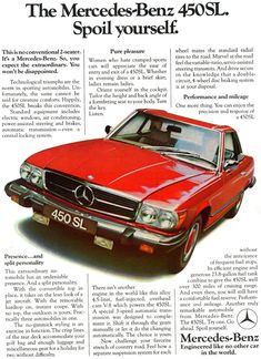 an advertisement for the mercedes - benz 450sl sport yourself car, featuring a red coupe