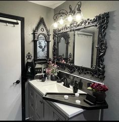 a bathroom sink sitting under a large mirror