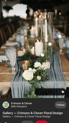 the table is set with candles and flowers on it, along with other place settings