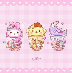 three cartoon characters in jars with food inside