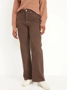 Extra High-Waisted Wide-Leg Jeans for Women | Old Navy Solid Color Fall Jeans With Button Closure, Fall Utility Jeans With Button Closure, Utility Style Solid Bottoms For Fall, Utility Bottoms For Fall, Utility Style Solid Color Bottoms For Fall, Utility Bottoms With Button Zip Fly For Fall, Everyday Brown Jeans With Pockets, Everyday Brown Bottoms With Pockets, Fall Utility Bottoms With Button Zip Fly