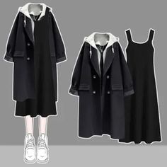 Chic Matching Sets – MODAKAWA Black Coat With Hood, Collage Dress, Knit Slip Dress, Hooded Dress, Closet Size, Dress Xl, Coat Black, Hooded Coat