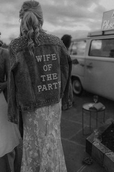 Bride wearing denim jacket embellished with pearls and back reading 'wife of the party' in the evening Denim Jacket Ideas, Bridal Denim Jacket, Wife Of The Party, Made With Love Bridal, Cowgirl Bachelorette Parties, Denim Wedding, Bride Jacket, Jacket Ideas