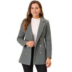 Available in a wide variety of colors, you'll surely find a lady's blazer coat that can complement your style. This is a double-breasted coat that can shield you from cool weather. Complete with a removable belt, you can style this dress coat in multiple ways. A solid color keeps this piece perfectly sophisticated, and a longer length hits at the hip for a dramatic touch. Womens Blazer Coat, Winter Pea Coat, Office Elegant, Womens Dress Coats, Lapel Coat, Ladies Blazer, Elegant Coats, Winter Outwear, Collar Coat