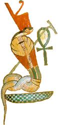 an image of a snake with a hat on it's head holding a cross