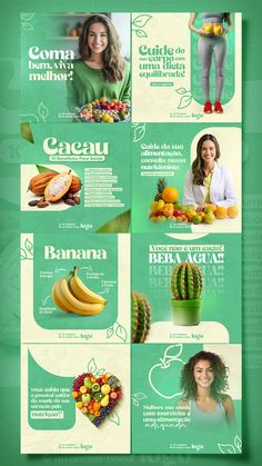 a green poster with pictures of fruits and vegetables on the bottom right hand corner is an image of a woman smiling