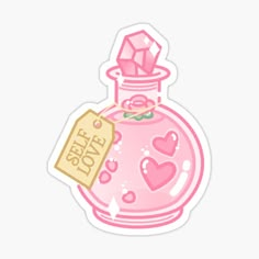 a pink perfume bottle sticker with hearts on it