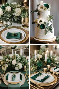 the table is set with green and white flowers, gold chargers, and greenery