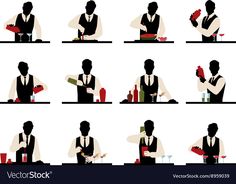 silhouettes of waiters serving food and drinks in various positions on a white background