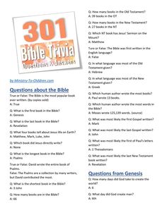 the bible trivia question sheet