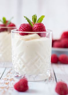 white chocolate mousse with fresh raspberries in the background and text overlay